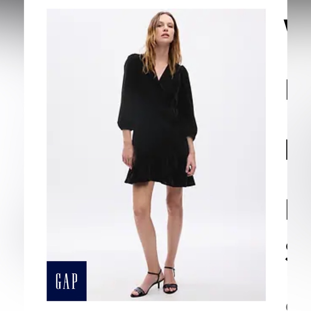 Black velvet wrap dress by Gap. Long sleeves, no pockets.